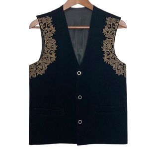 Vintage Vest Womens Small Medium Black Velvet Gold Embroidered Baroque Goth 90s